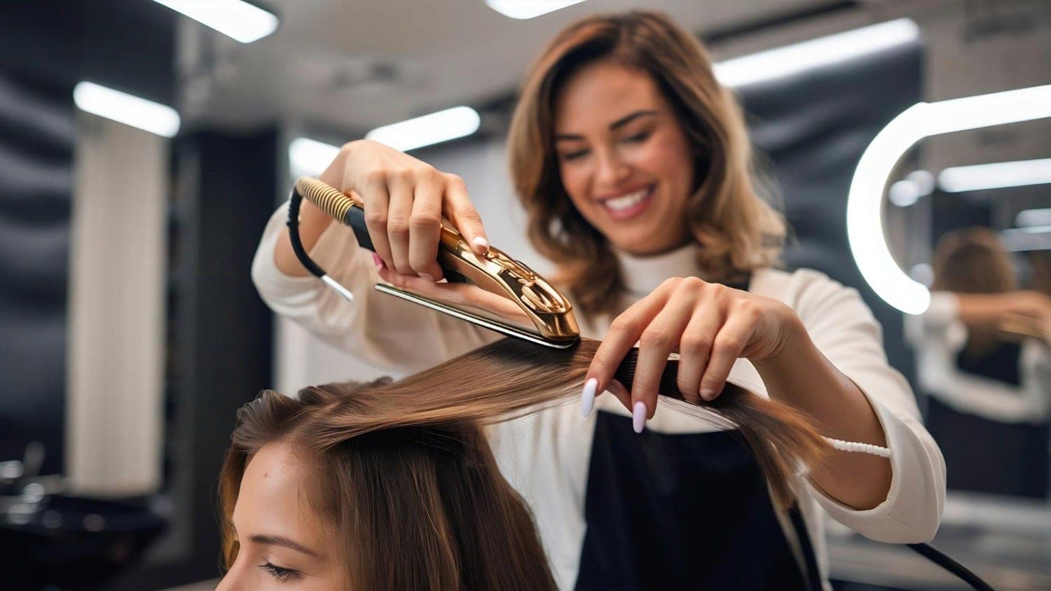 Eine Strähne wird im Salon mit dem Glätteisen geglättet